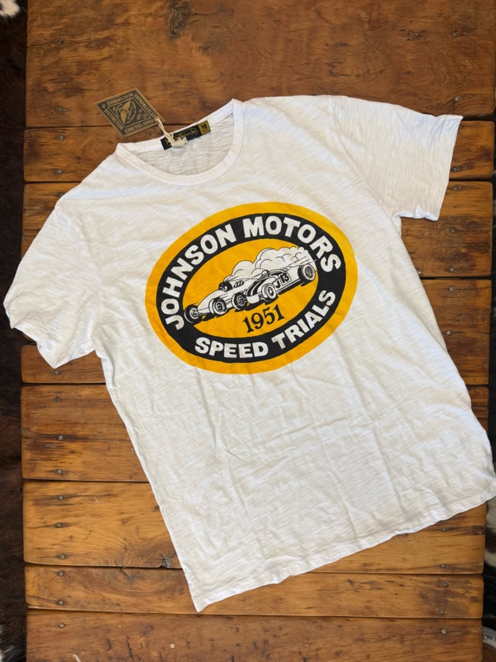 Johnson Motors “1951 Speed Trials” vintage slub moto tee. NWT
